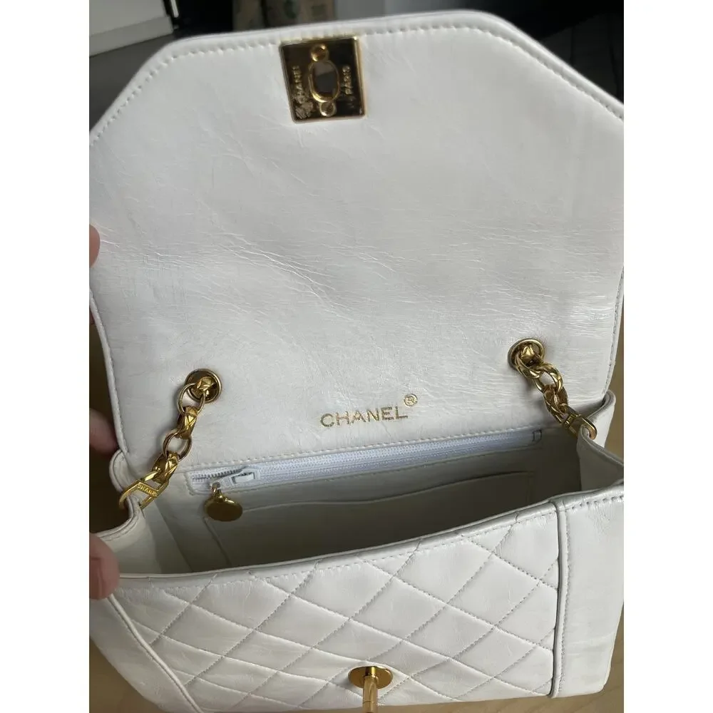Chanel Diana Small White Leather Flap Bag w/ Gold Shoulder Chain CC Vintage